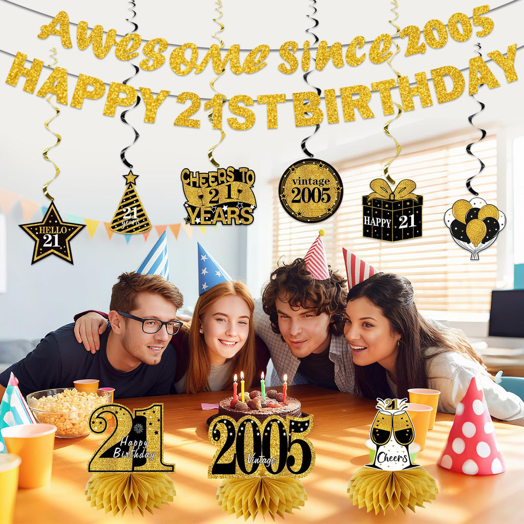 Kuxriox 11Pcs 21st Birthday Decorations Kit for Men Women, Black Gold Happy 21st Birthday Banner, Awesome Since 2005 Centerpieces Swirls Party Supplies, 21 Bday Banner Ceiling Table Topper Sign
