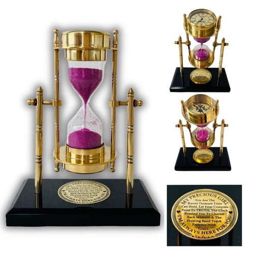 My Precious Girl Gift for her - Brass SandTimer ClockCompass Engraved Quote | Handmade Inspirational Gift for Women & Girls - Shiny Brass Table Top Desk Decor