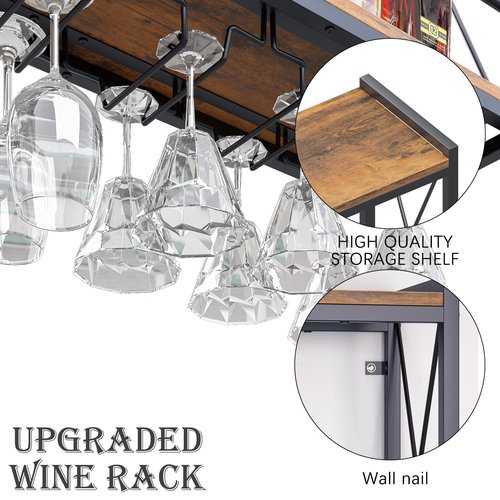 Dokser Wine Rack Wall Mounted Shelf - 2 Tier, Rustic Wood & Industrial Iron Frame Wine Bottle Holder for Kitchen, Dining Room, Home Bar Decor (Brown)