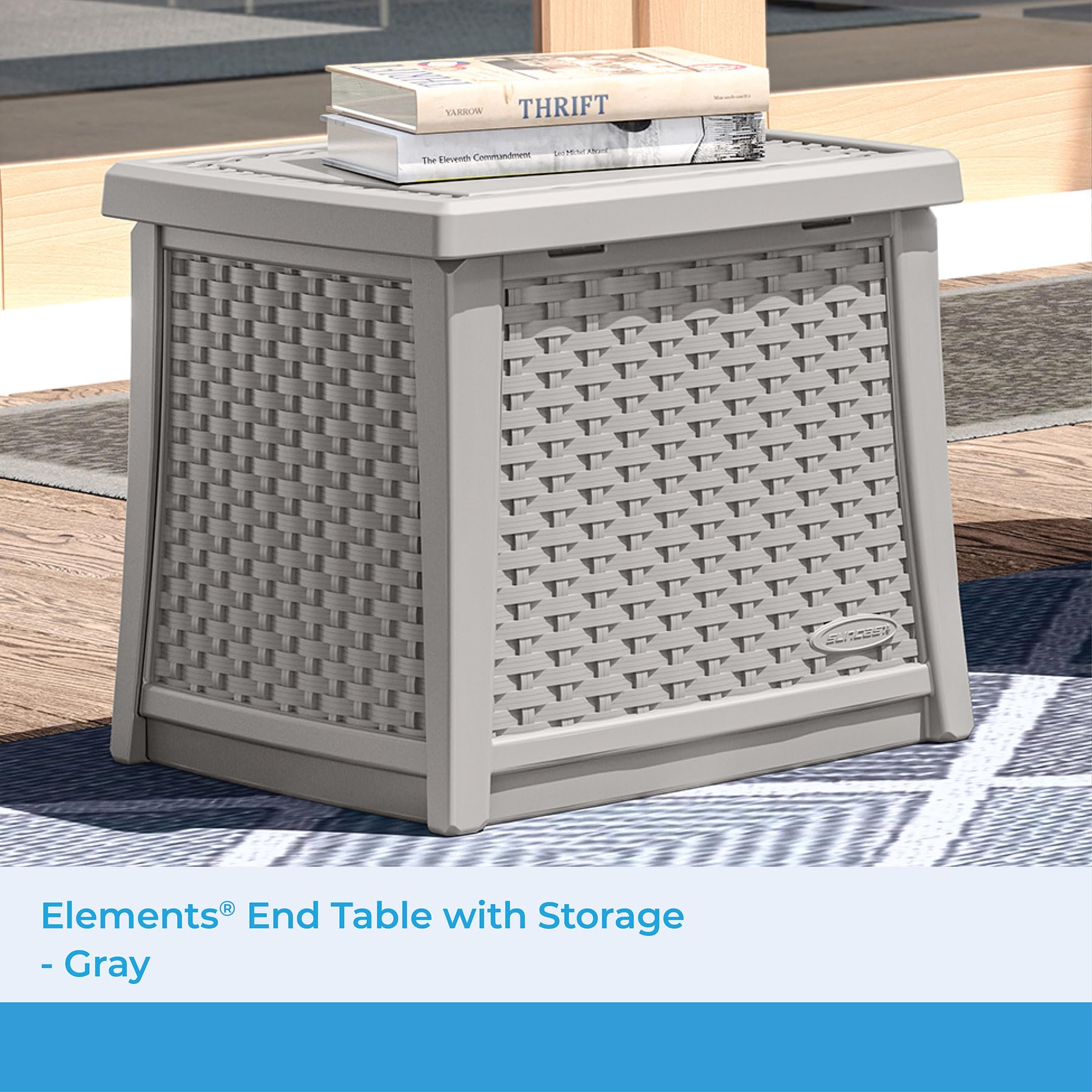 Suncast 13 Gallon Resin Outdoor Storage End Table with Hinged Stay-Dry Lid for Outdoor Furniture, Pool Accessories, and Patio Cushions, Dove Gray