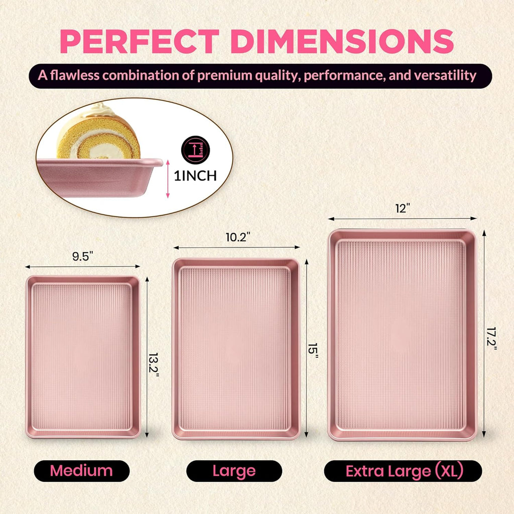 Professional Non-Stick Baking Sheets Set - 3-Piece Heavy Duty Carbon Steel Cookie Sheets | Oven Safe & Even Heating (Pink)
