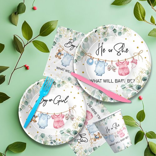 APOWBLS Gender Reveal Decorations, Greenery Baby Clothes Theme Boy or Girl Gender Reveal Baby Shower Party Supplies, He or She Paper Plates and Napkins Set, Cups, Disposable Cutlery, Serves 24