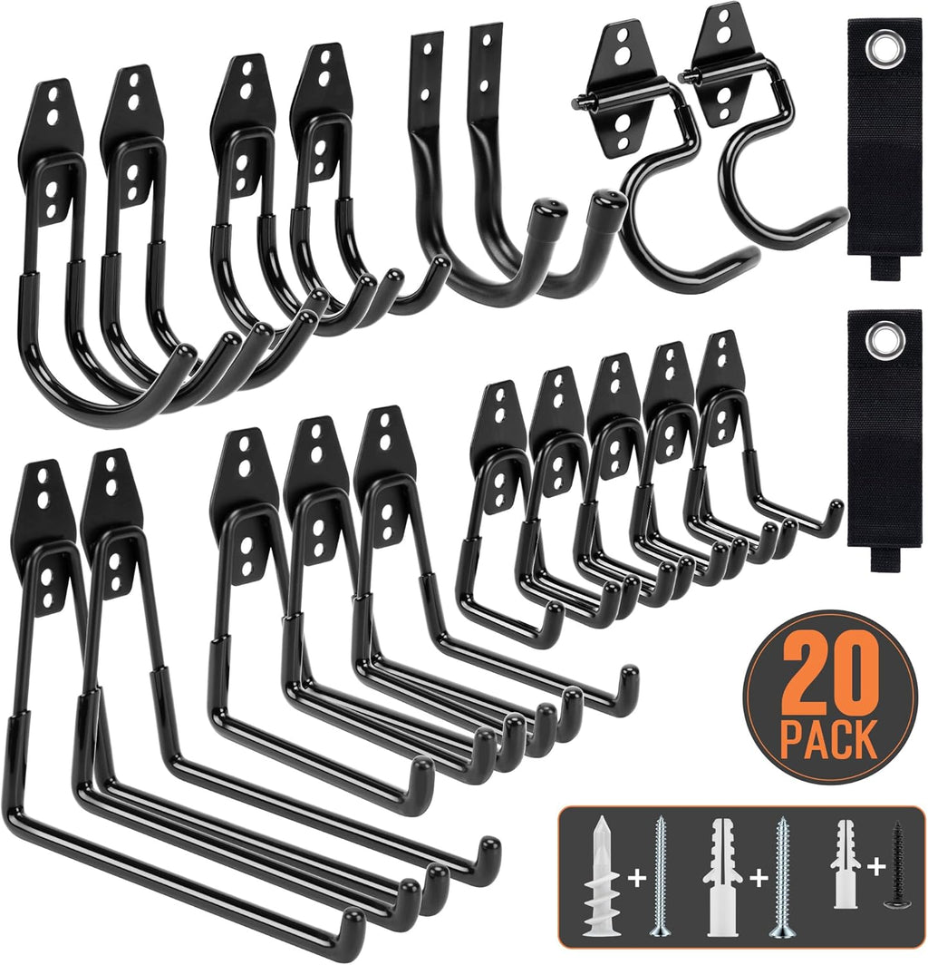 TONDA Heavy-Duty Garage Hooks - 20 Pack Wall Storage Solution for Bikes, Ladders, and Tools | Black