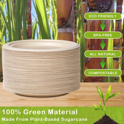 GREENESAGE 500 Pack Paper Plates 9 inch Bulk, 100% Compostable Disposable Plates Eco Friendly Recycled Heavy Duty, Brown