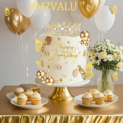 AMZVALU Crown Cake Topper, Gold Happy Birthday Cake Toppers Crown Balls Candles Butterflies, Corona Para Pastel, Cake Decorations for Women Princess Queen Wedding Party Decorations (Gold, White)