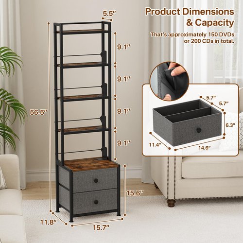 Epouseter CD Storage Rack with Drawer, 5-Tier DVD Organizer Shelf w/Adjustable Book Stoppers, Media Storage Rack for CD/DVD, Books & Games, Ideal for Living Room & Home Office – 15.7x11.8x56.5Inches