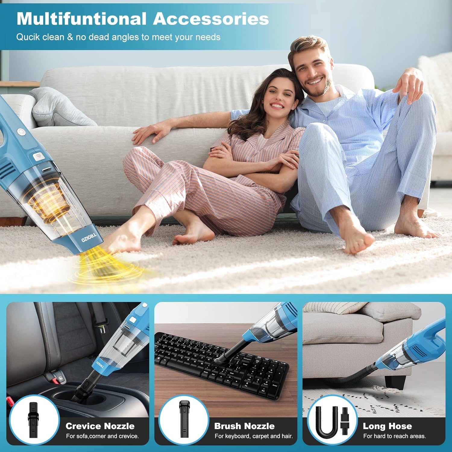 TROIZO Cordless Handheld Vacuum - 14500PA Powerful Suction, Rechargeable & Portable for Home, Office, Car & Pets