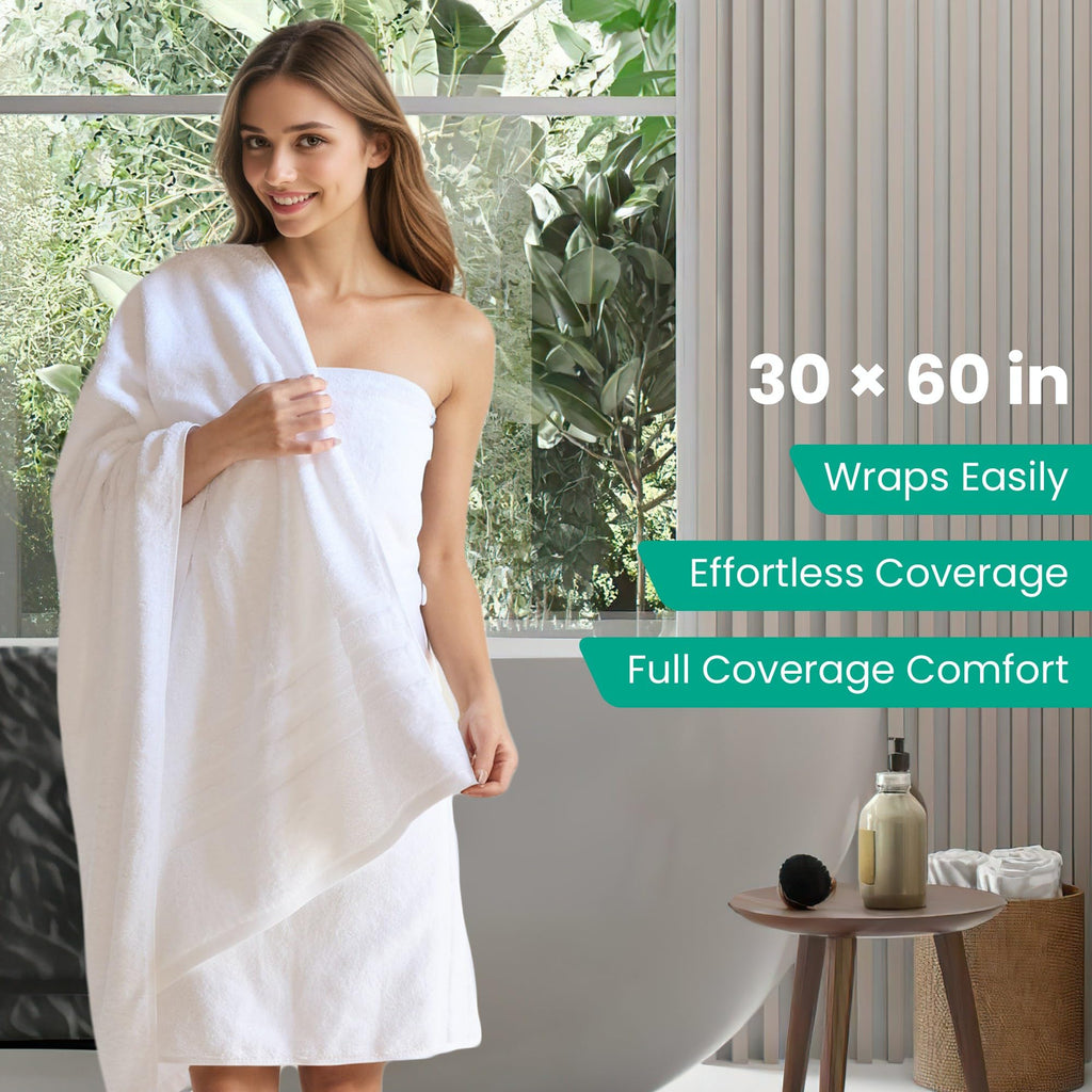 Velqora Bath Towels 4 Pack, Large 30 x 60 Inches, 100% Cotton Towels, Balanced Weight, Soft and Absorbent for Bathroom, (White)