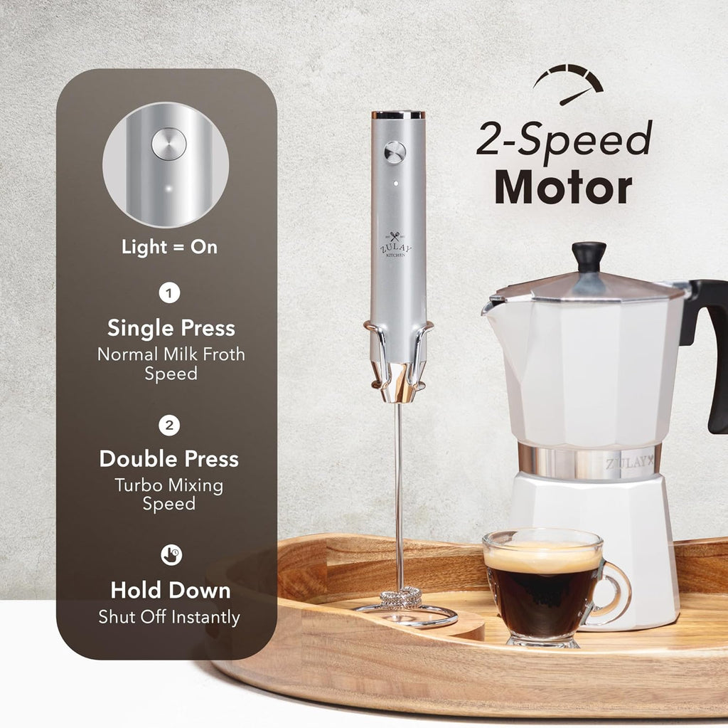 Zulay Kitchen Rechargeable Milk Frother - Powerful 2-Speed Mixer with 4 Whisks | Waterproof, 2000mAh Battery - Silver