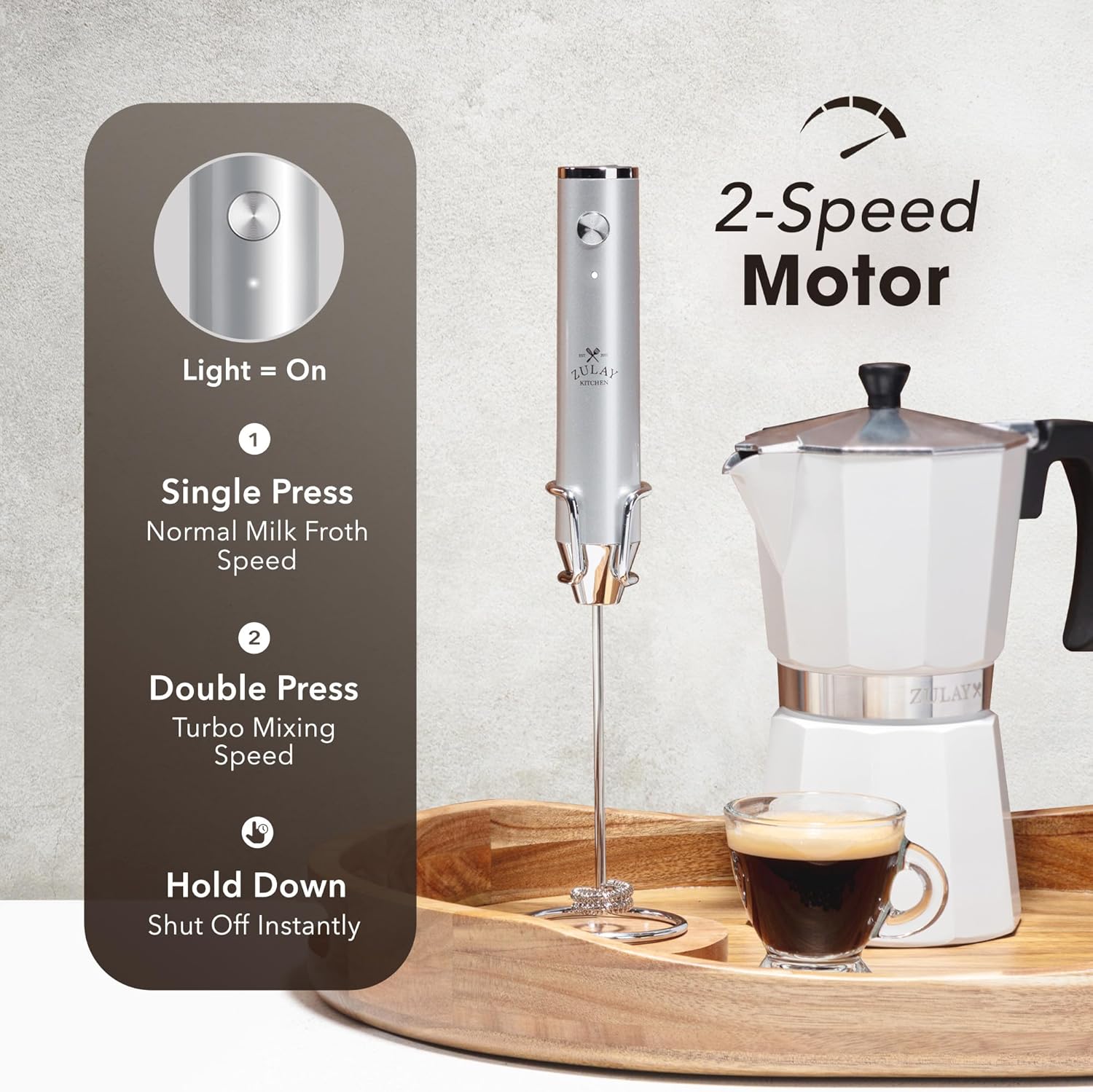 Zulay Kitchen Rechargeable Milk Frother - Powerful 2-Speed Mixer with 4 Whisks | Waterproof, 2000mAh Battery - Silver