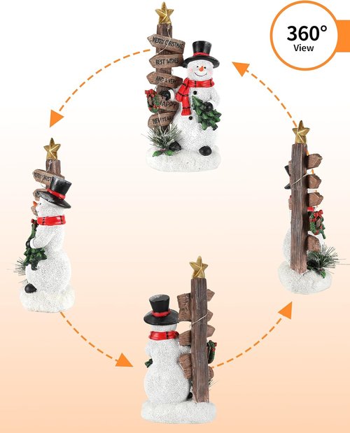 iStatue Merry Christmas Snowman Sign - Resin Tabletop Decoration with Mini Tree & Wooden Plaque | Holiday Home Decor Gift