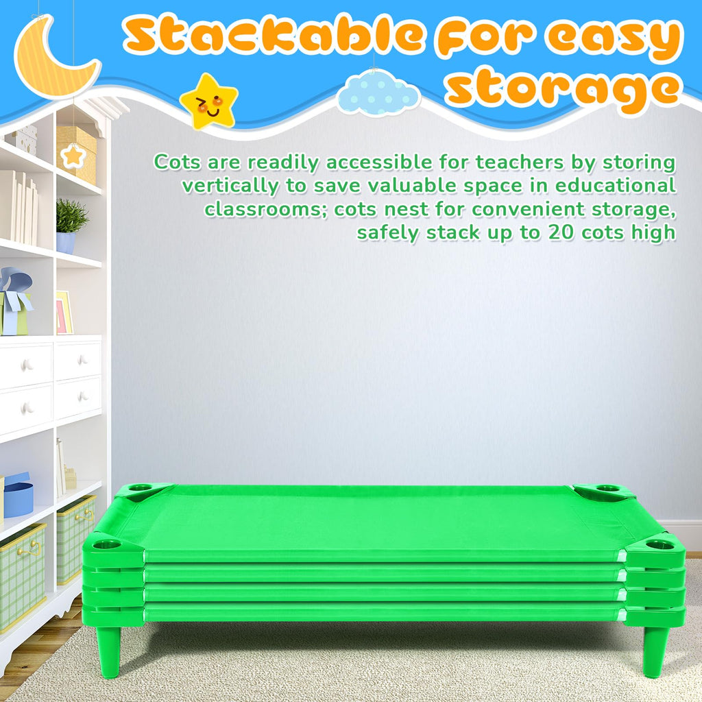 Burbell 4 Pcs Stackable Daycare Cots for Toddler 54" l x 23" W Kids Cots for Sleeping Portable Kids Bed Furniture Bed Frames Headboards Footboards for Classroom Preschool (Green)