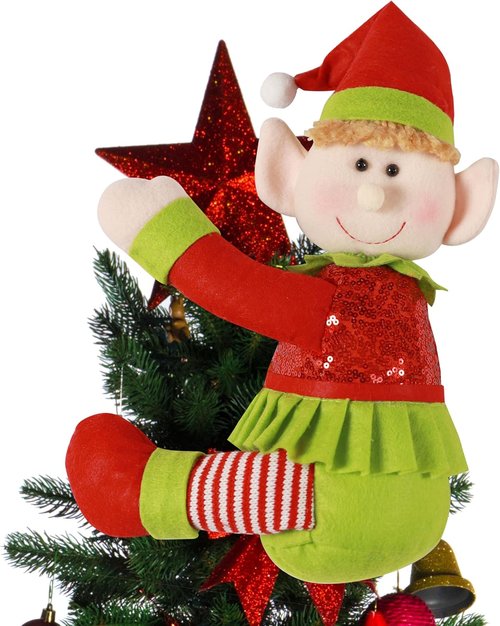 Elf | Plush Stuffed Elf Tree Topper - Unique Christmas Decorations in Red & Green for Holiday Cheer