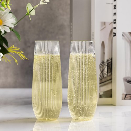 HOMIP 36pcs Clear Plastic Champagne Flutes - 9oz Disposable Champagne Flutes Stemless Toasting Glasses, Ribbed Ripple Design (BPA-Free) for Weddings, Bars & Events - Disposable Party Cups
