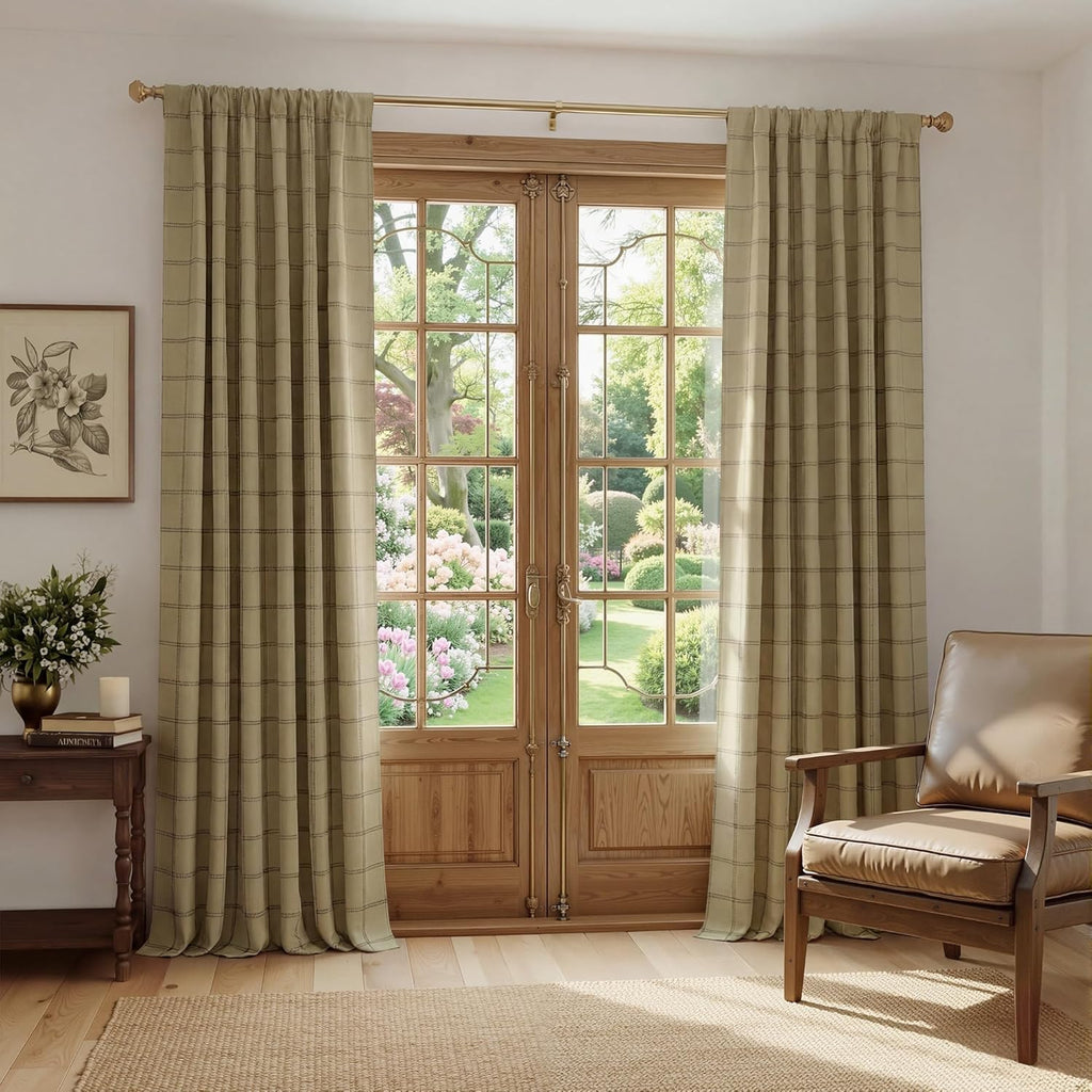 NICETOWN 100% Blackout Curtains - Plaid Farmhouse Design | 84-Inch Long, 2 Panels Set, Thermal Insulated, 52" W, Burlap