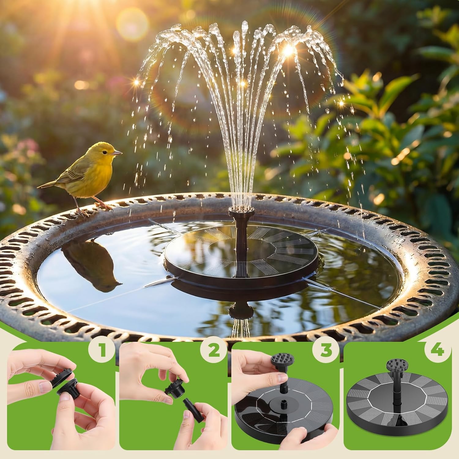 AISITIN Solar Fountain - Solar Water Fountain Pump with 6 Nozzles for Bird Bath, Garden & Pond Decor