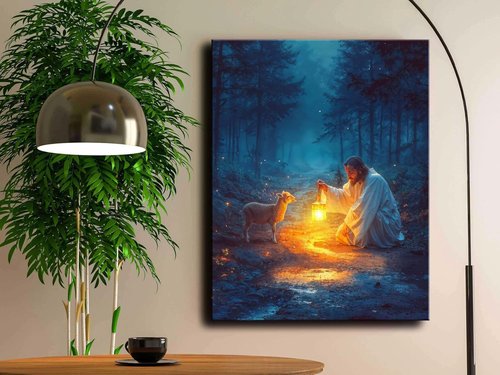 Christian Wall Art Decor - Serenity Prayer & Jesus with Lost Lamb Picture | Inspirational Baptism Gift for All