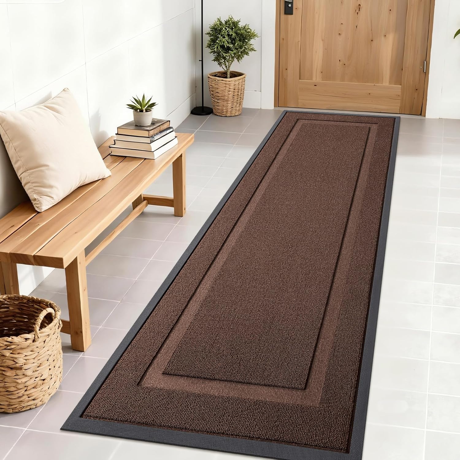 OLANLY Waterproof All-Season Front Door Mat - Sturdy Natural Rubber, Easy Clean, 71x23, Chocolate Brown