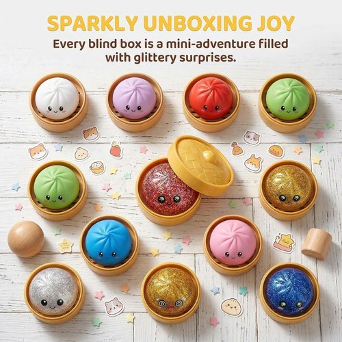 Giant Mystery Glitter Dumpling Squishy - Jumbo 4-Inch Stress Ball | 14 Colors Random Gift Box (8 Pcs)