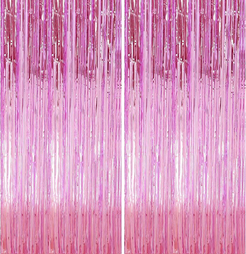 Pink Tinsel Curtain Backdrop by [Brand Name] - 2 Pack Metallic Foil Fringe for Parties & Events | 3.28 ft x 6.56 ft