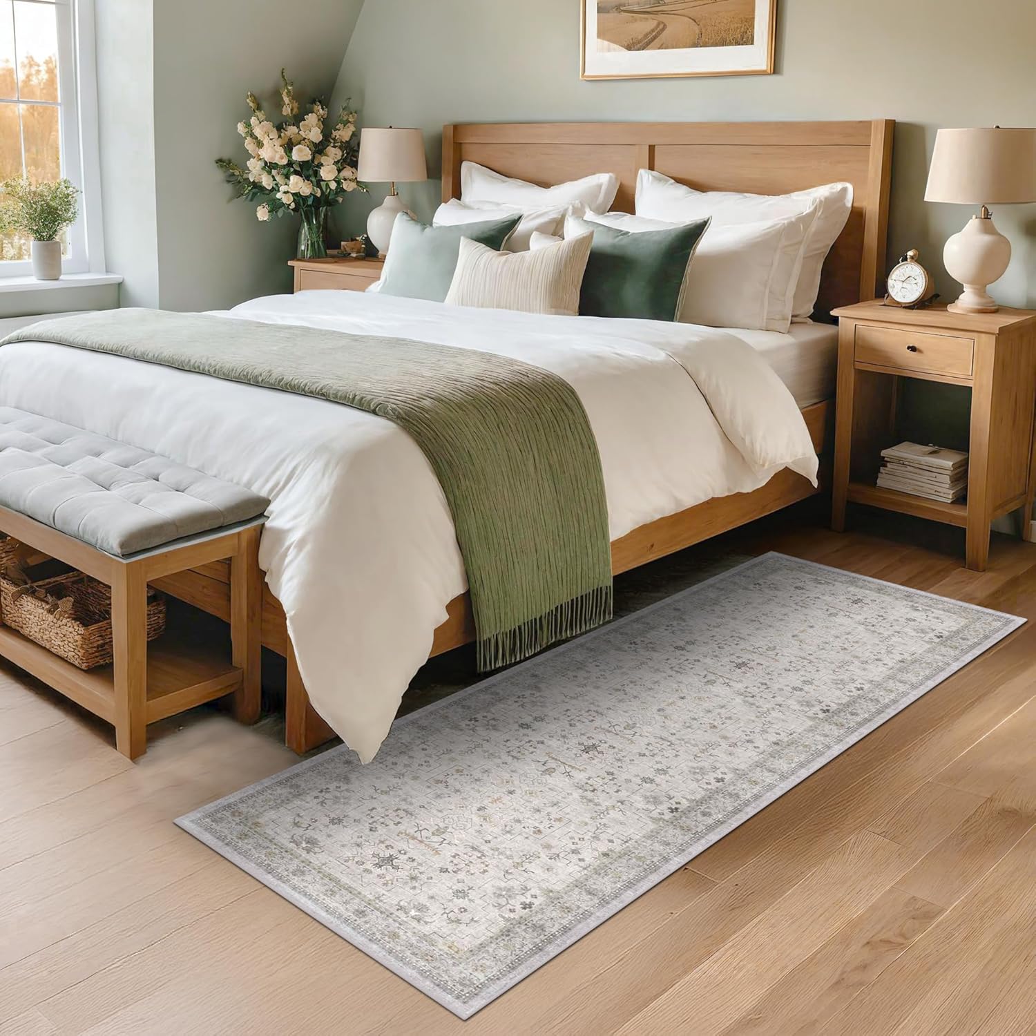 Skiennix Light Grey 2x7 Boho Runner Rug - Modern Vintage Floral Design, Washable Non-Slip for Hallway & Bedroom
