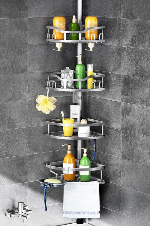 HAMITOR Corner Shower Caddy - Rustproof 4-Tier Bathroom Organizer for Shampoo & Soap | Adjustable 47-121 Inch Silver Gray Rack