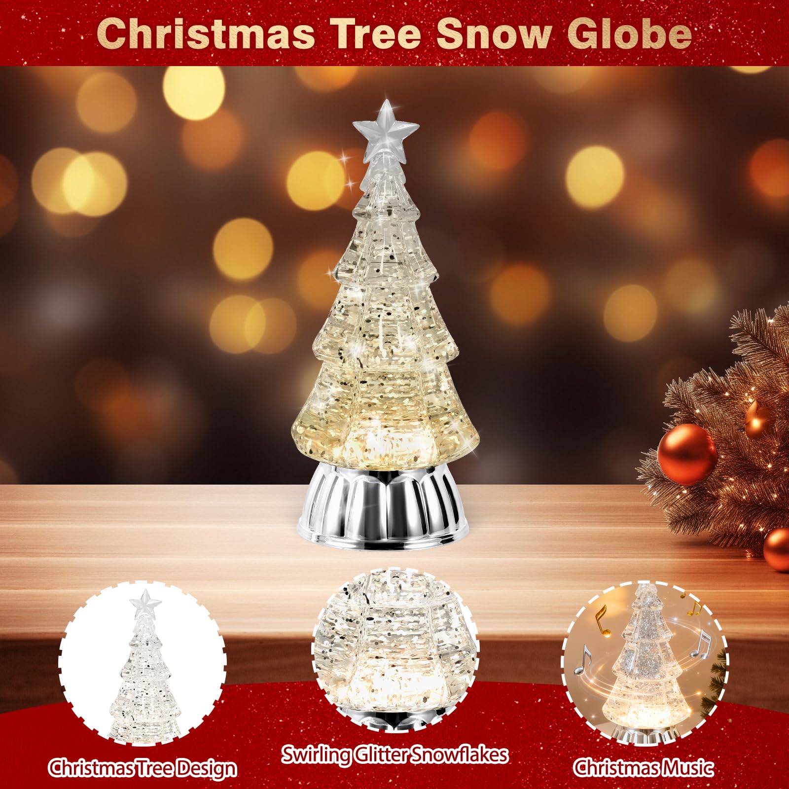 Christmas Tree Snow Globe Lantern with Warm Light 6H Timer Water Snow Globe Lantern USB & Battery Operated for Christmas Festival Decorations Gifts (Silver Tree)