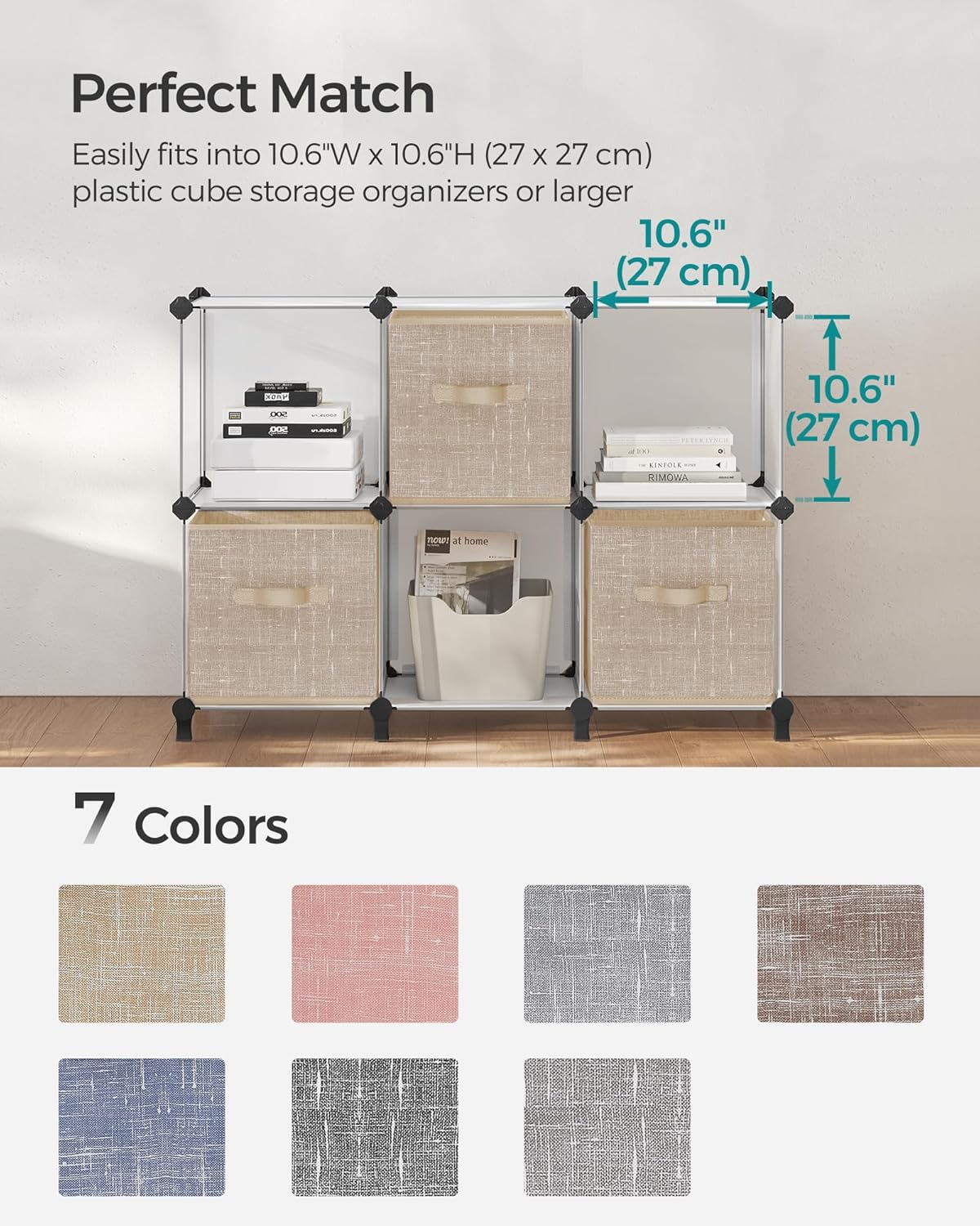 SONGMICS Storage Cubes - 11-Inch Foldable Non-Woven Fabric Bins with Double Handles | Set of 6 in Sand Beige