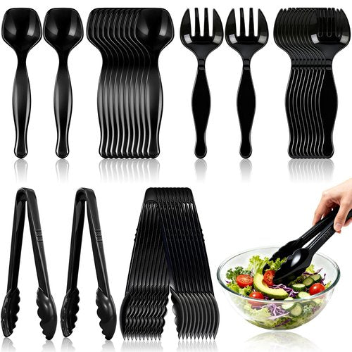 36Pcs Disposable Plastic Serving Utensils Set, 12 Black Spoons, 12 Forks, 12 Tongs, 9-Inch for Party Buffet Catering Events, Heavy Duty and Ergonomic Design (Black)