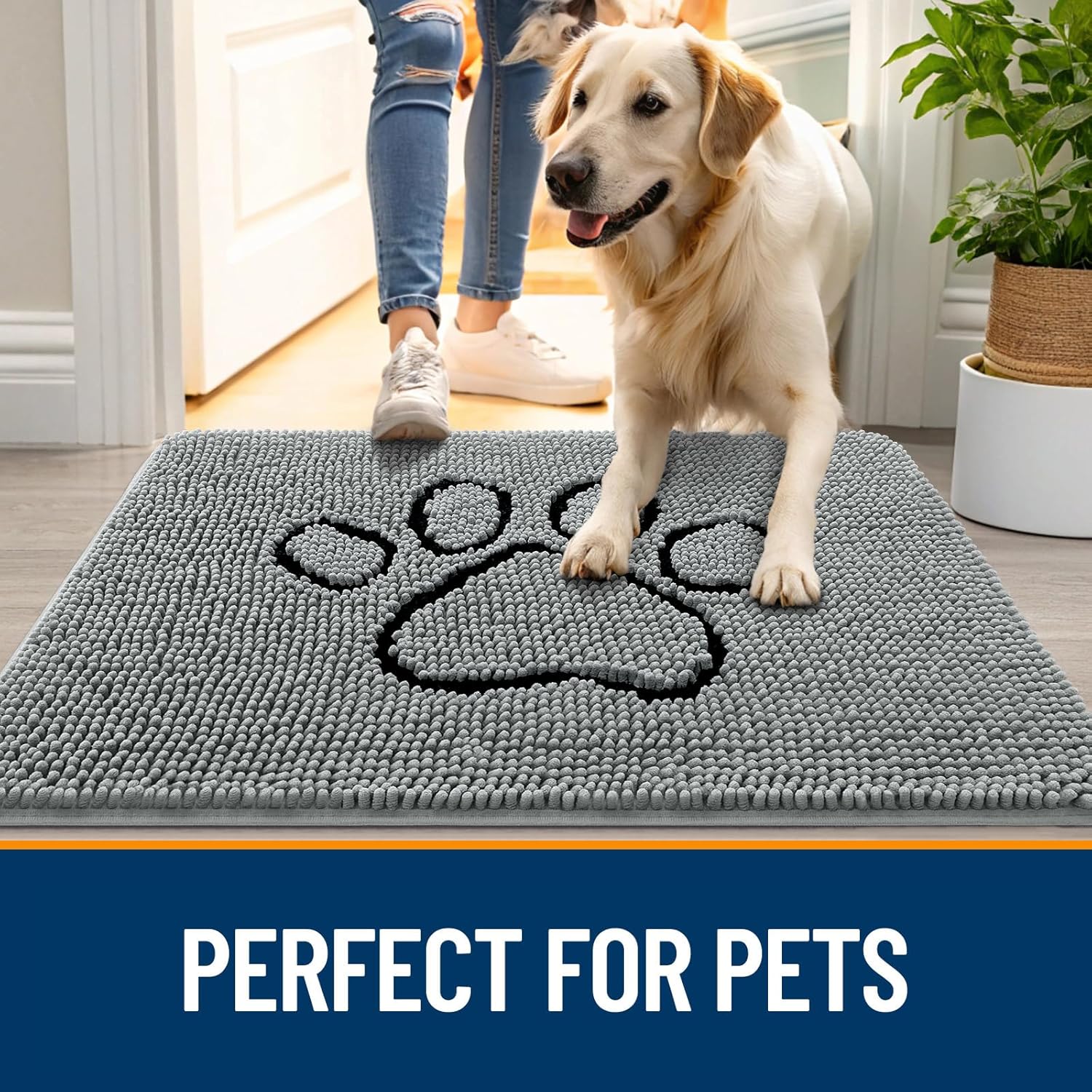 OLANLY Dog Door Mat - Absorbent Non-Slip Mud Mat for Paws | Quick Dry Chenille, 70x46, Grey