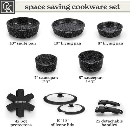 Country Kitchen Cookware Set - Removable Handle, Oven & RV Safe Pots and Pans, Black