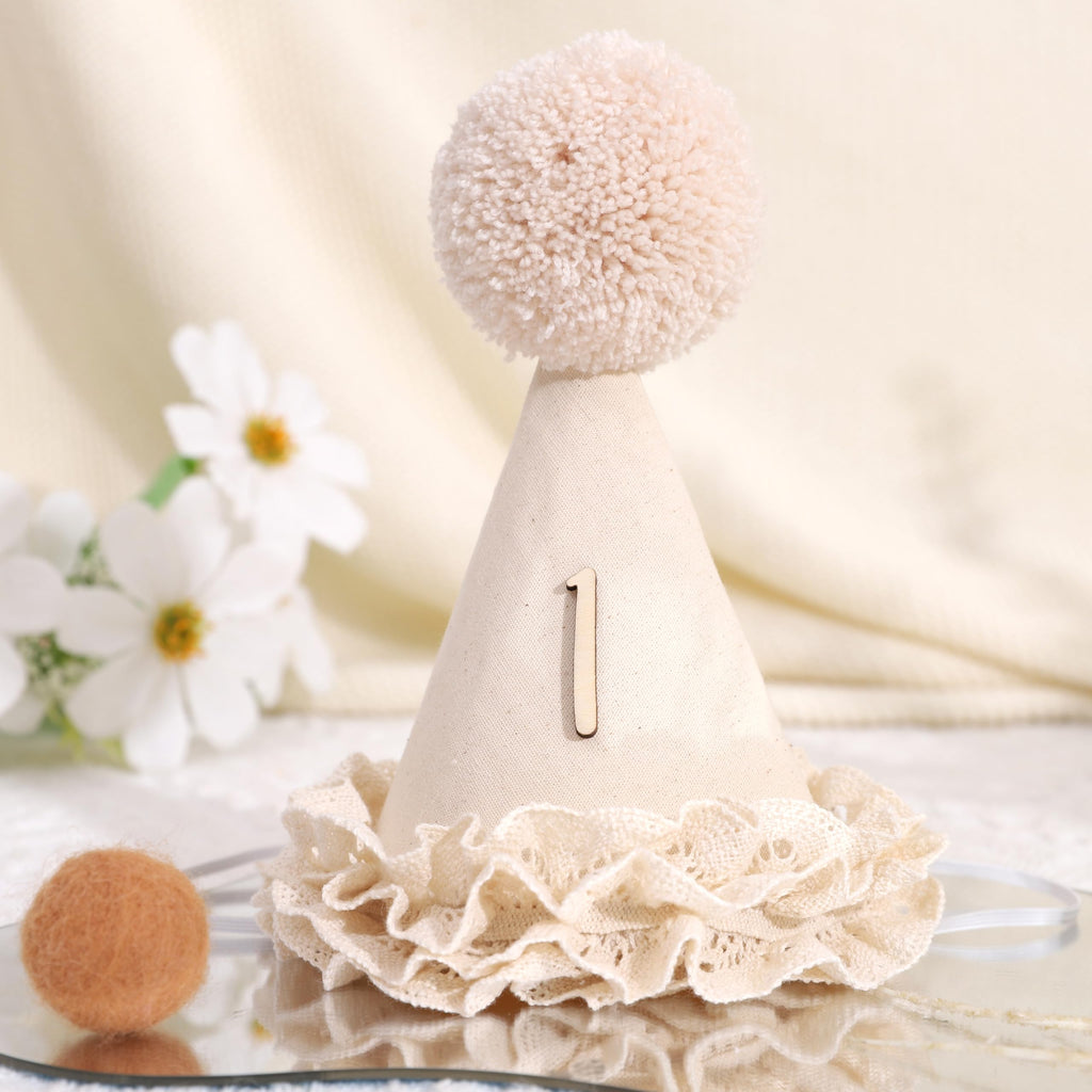 WAHAWU Lace 1st Birthday Hat - Sweet One Birthday Decorations,Lace Flower Princess Party Crown,Beige Cone Hat for Cake Smash,First Floral Party Headwear Photo Prop