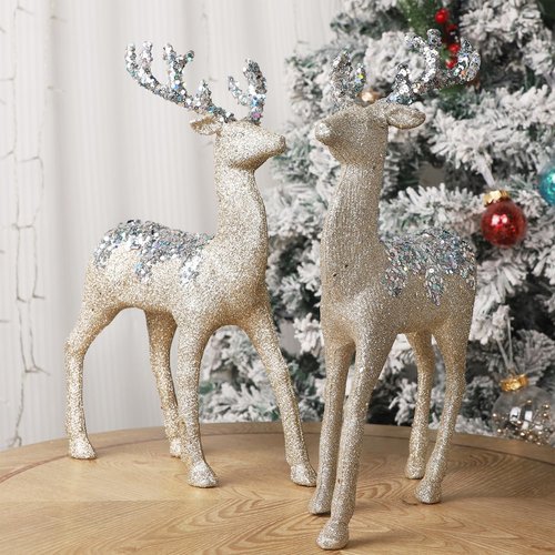 Juegoal Glitter Reindeer Figurines - Set of 2 Christmas Tabletop Decorations | 12.6" Plastic Elk Ornaments