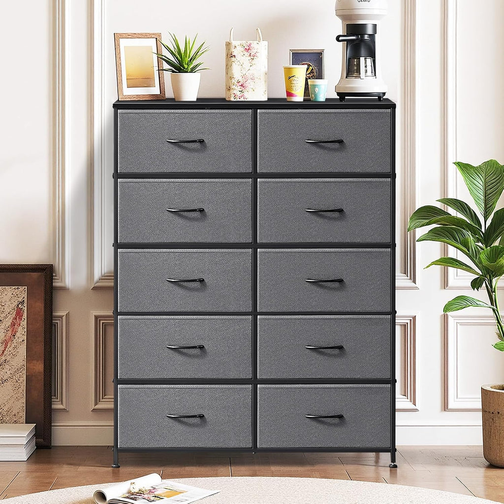 Skiennix 10-Drawer Dresser - Anti-Tip Tall Storage Organizer with Wooden Top & Metal Frame | Gray
