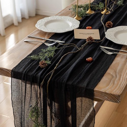Keketoarrange Black Table Runner - Premium Cotton Cheesecloth for Rustic Decor | 120 Inch Long Sheer Boho Style