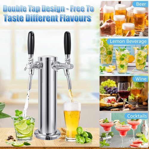 Imaictuu New Adjustable Flow Control Kegerator Tower, Upgraded Dual Tap Beer Tower Kegerator Parts 304 Stainless Steel Core Beer Faucet Includes Pre-Assembled Hose and Self-Closing Faucet