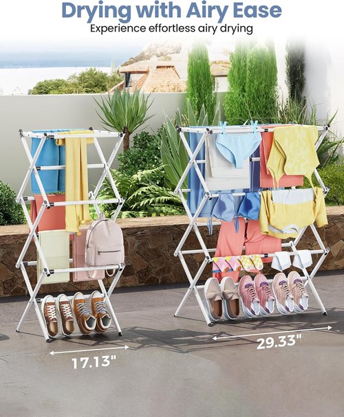 APEXCHASER Clothes Drying Rack - 3-Tier Expandable Metal Laundry Dryer | Collapsible White Towel Rack