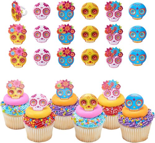 DecoPac Calavera Mask Cupcake Toppers - 24 Día de los Muertos Skull Rings for Celebrations & Parties
