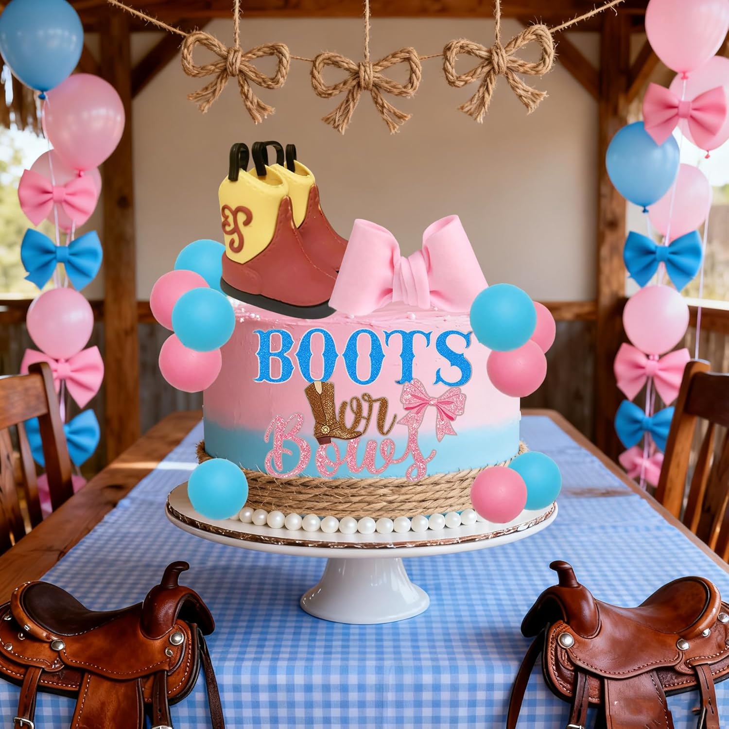 Skiennix Gender Reveal Cake Decorations - Acrylic Boots & Bows Toppers Set for Baby Shower