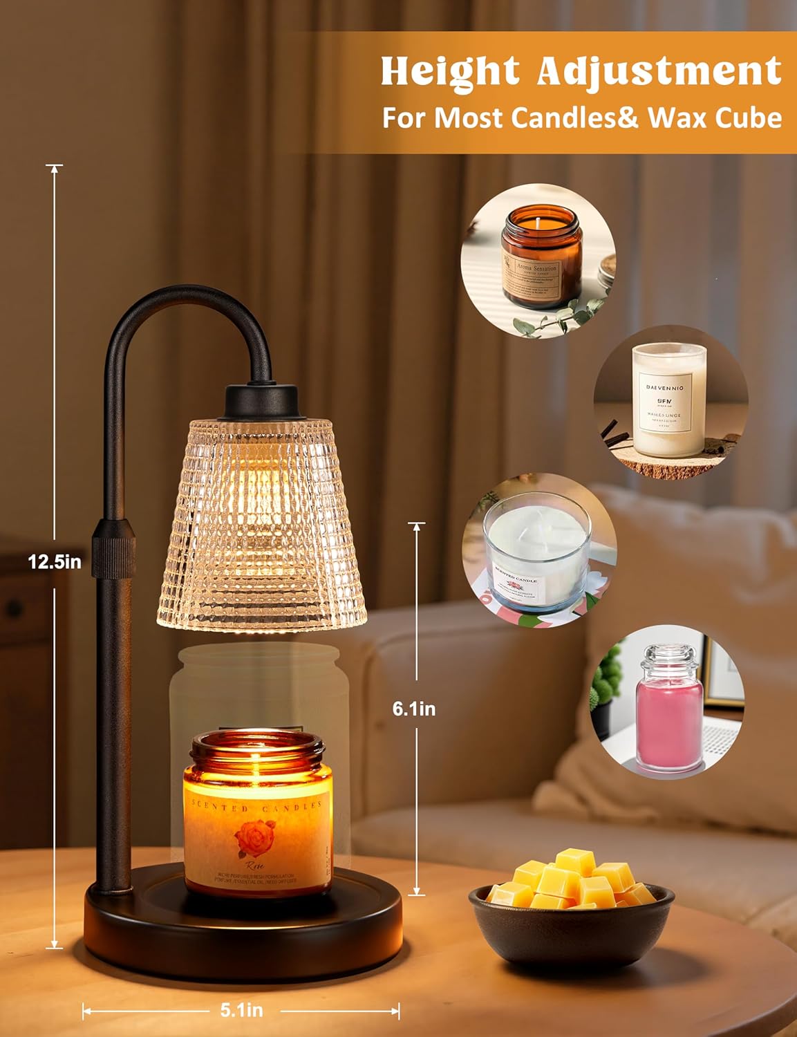 Skiennix Candle Warmer Lamp - Dimmable & Adjustable Height | Perfect for Jar Candles & Wax Melts