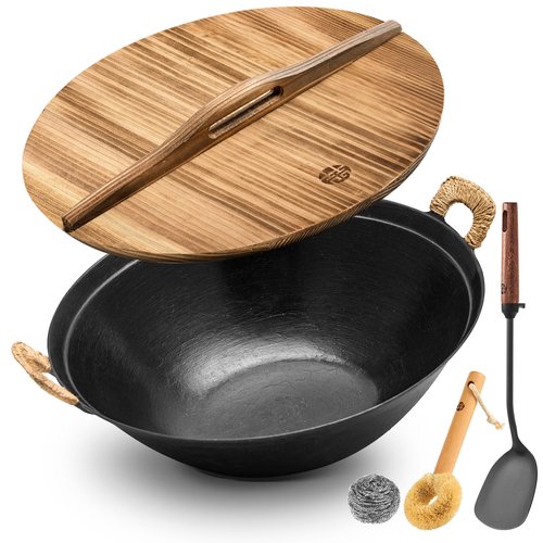 WANGYUANJI 14.2 Inch Cast Iron Wok with Wooden Lid and Iron Spatula, Flat Bottom Double-Handle Chinese Stir Fry Pan, Uncoated Cast Iron Wok for Induction, Gas and Electric Stoves