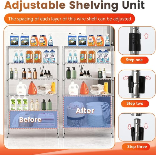 BestOffice | Heavy-Duty 6-Tier Wire Storage Shelves with Wheels | Adjustable Chrome Racks | 18x45x82 | Holds Up to 2100 lbs | Easy No-Tool Assembly for Home & Garage