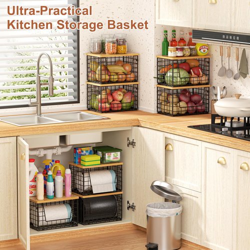 keomaisyto Stackable Wire Baskets, 2-Pack - Kitchen & Pantry Organizers for Potato, Onion Storage, Heavy-Duty Metal Storage Bins for Fruit, Vegetable, Snack, Can