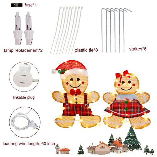 Joliyoou Christmas Yard Decoration, Set of 2 Pre-lit Gingerbread Man with 50 Warm White Lights, 2D Gingerbread Man Couple for Xmas Front Door Indoor Outdoor Lighted Holiday Displays