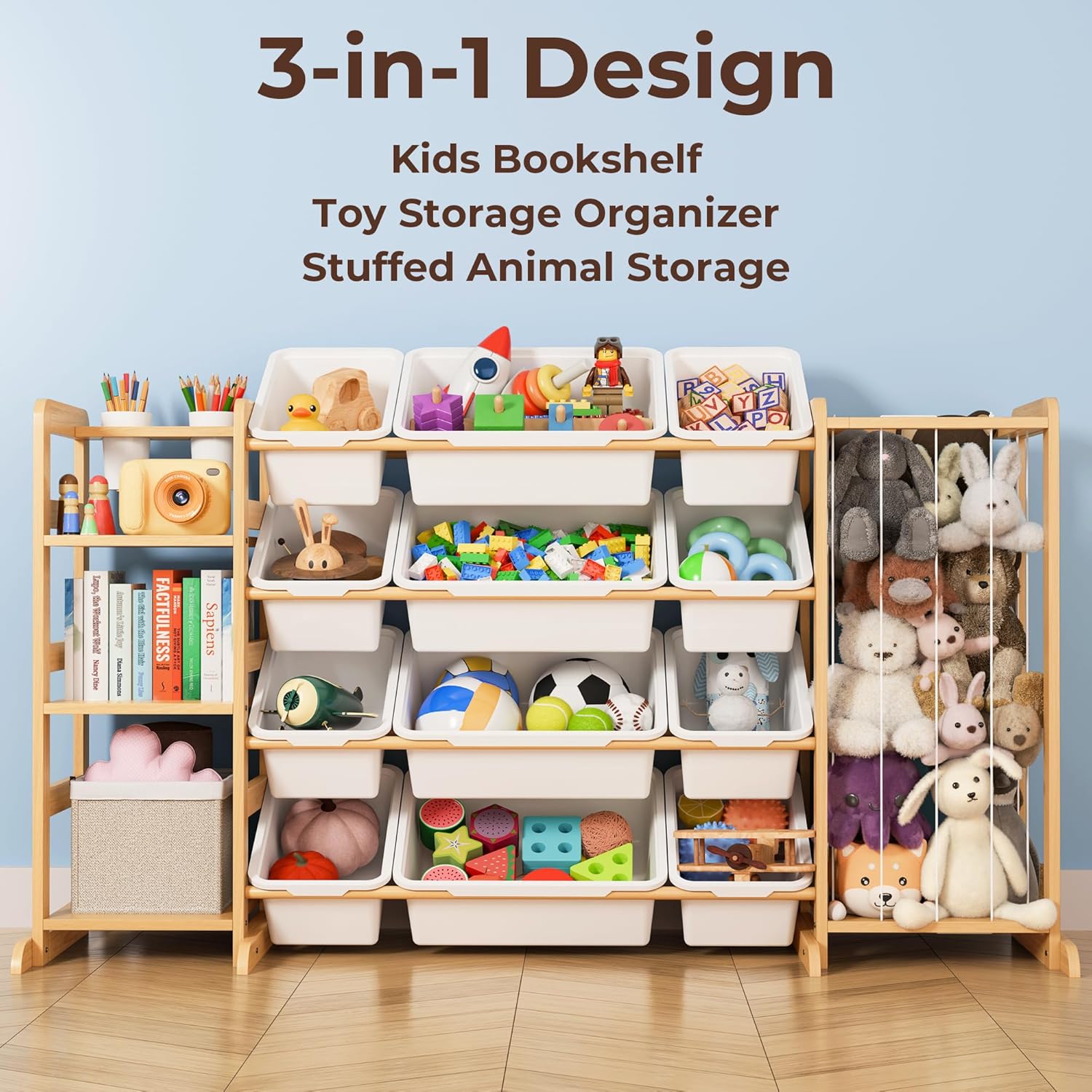 Toy Storage Organizer by [Brand Name] - Kids Playroom Bookshelf with 12 Bins & Stuffed Animal Storage - Essential Nursery Decor