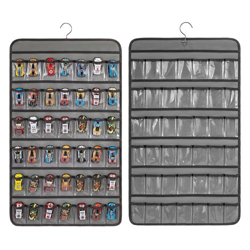 TEMUORG Toy Cars Wheels Storage Holder Matchbox Cars Organizer Dual Sided Hanging Toy Cars Display Case with 84 Clear Pockets (Dual Sides-Grey)