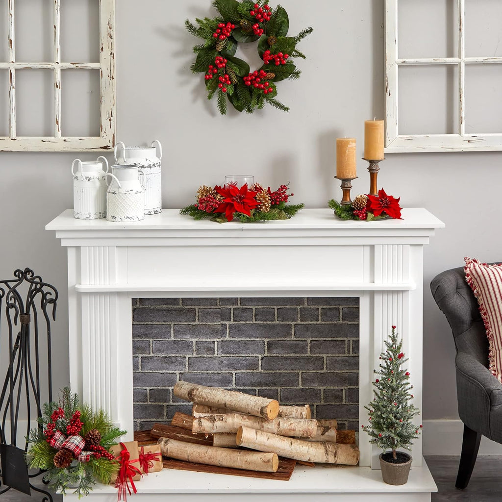 Nearly Natural Poinsettia Candelabrum - Red Berry & Golden Pine Cone Silk Arrangement | 14" H x 14" W