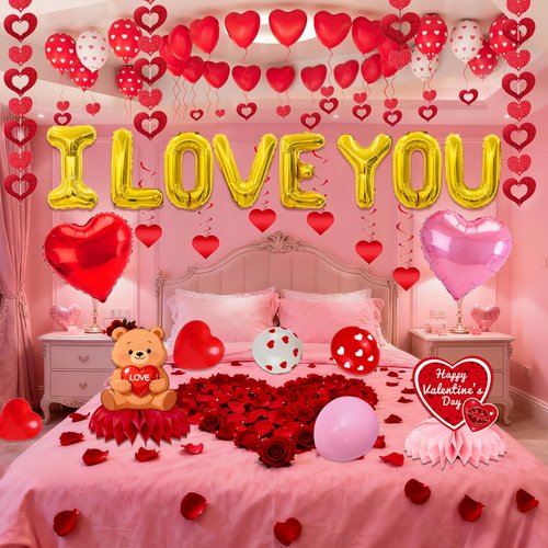 Valentines Day Decor Kit, Happy Anniversary Decorations with I Love You Balloons 1000Pcs Silk Red Rose Petals Romantic Heart Balloon for Wedding Anniversary Valentines Day Decorations
