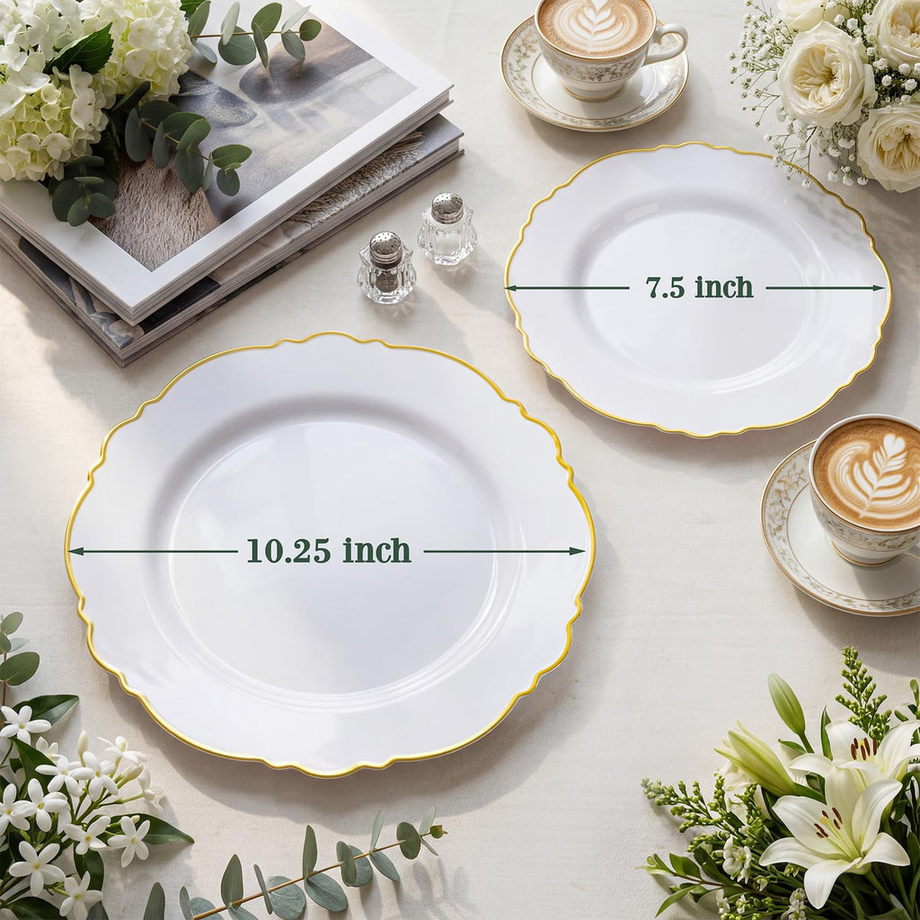 WDF 100pcs Gold Plastic Plates - High-end Baroque Design - Heavy Duty White &Gold Wedding Plates Set Ideal for Party/Wedding/Birthday