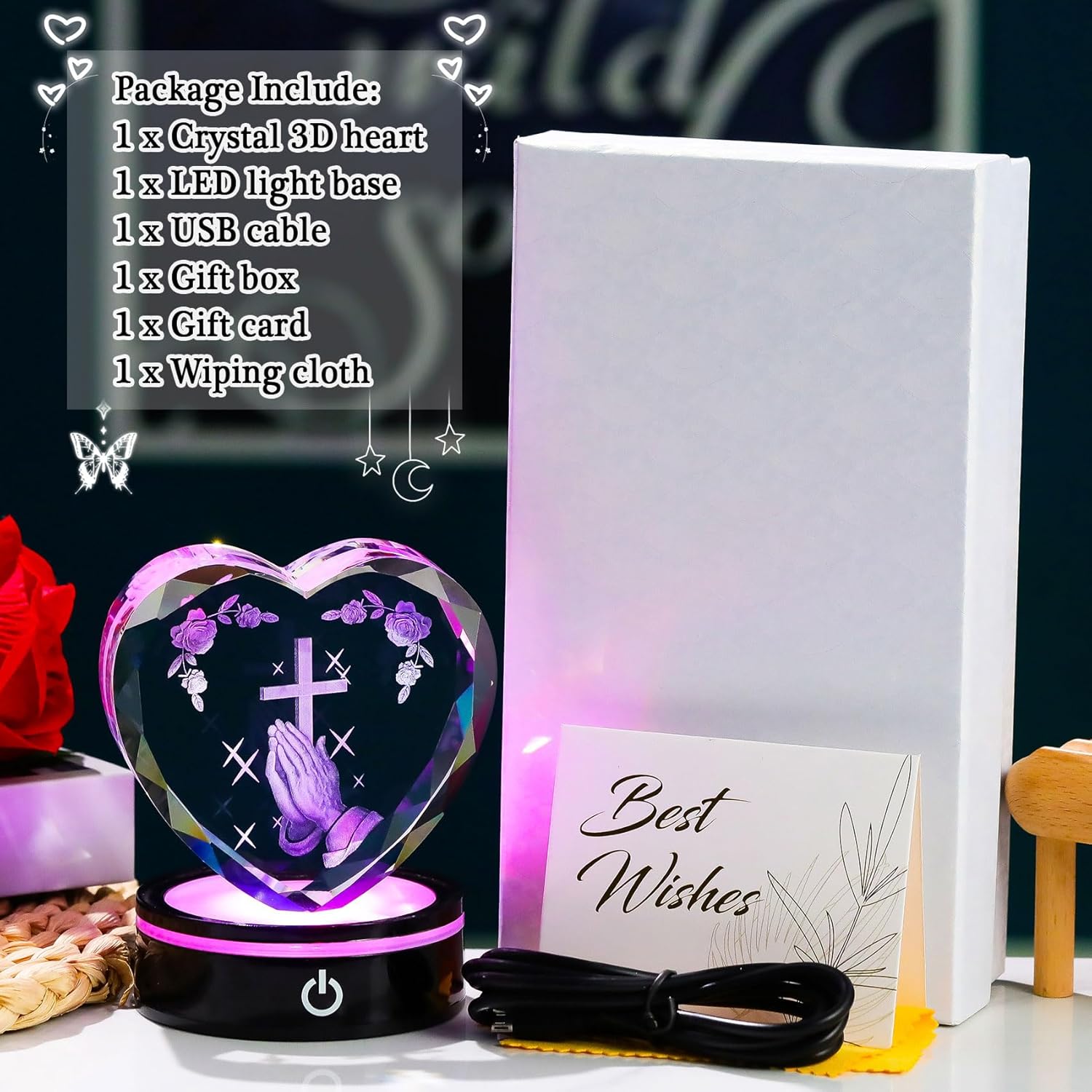 Ornalrist Crystal Heart 3D Praying Hands | Colorful LED Base Night Light Gift for Men & Women